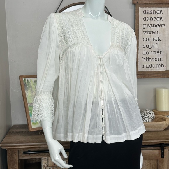 NWT FREE PEOPLE Esme Button-down Embroidered Blouse In White M Romantic Boho - Picture 2 of 14